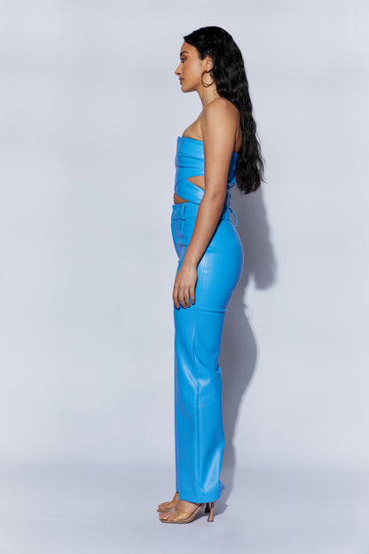 Pantalon taille haute en simili cuir Sima - Bleu azur
