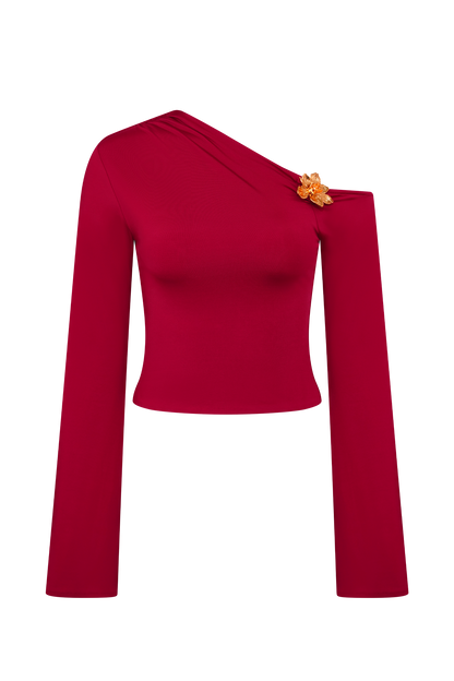 Top Ainsley asymétrique à manches longues avec ornements floraux - Rose fuchsia