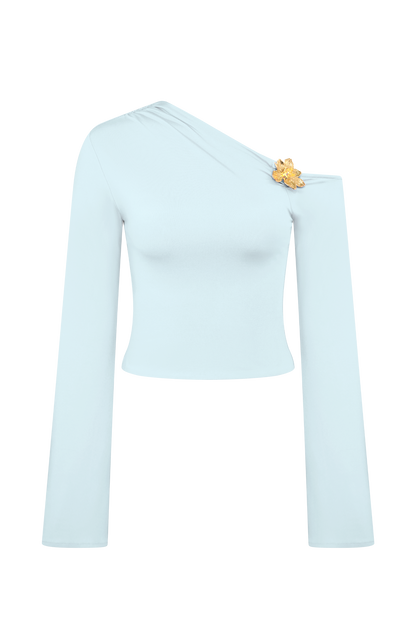 Top asymétrique à manches longues Ainsley avec ornements floraux - Bleu clair