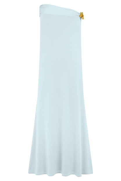 Jupe Maxi Asymétrique Ainsley avec Frotterie Fleurie - Bleu Clair