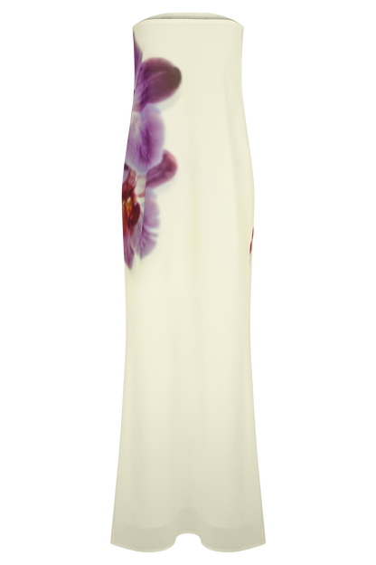 Amaya Robe Maxi en Chiffon sans Bretelles - Imprimé Orchidée Koi Ivoire