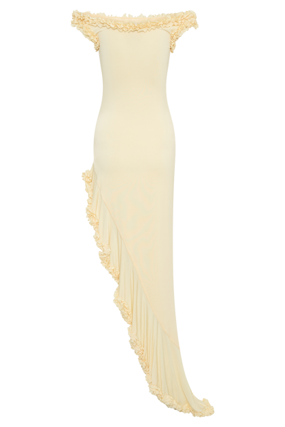 Robe midi à volants et épaules dénudées Arielle - Citron pastel