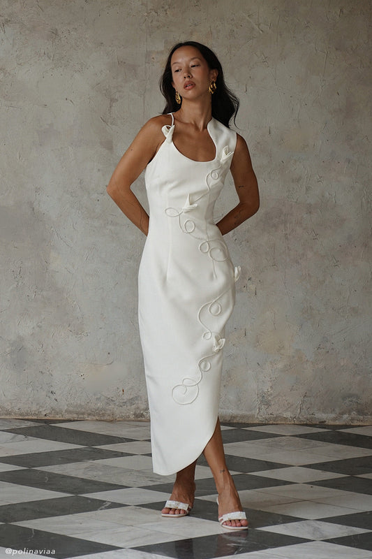 Robe midi brodée Virginia en tailleur - Blanc