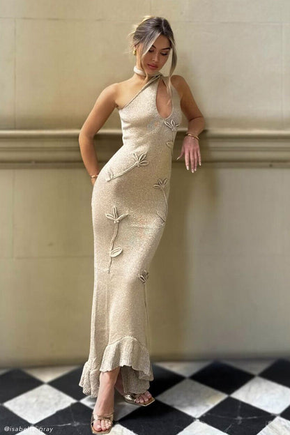 Robe Maxi en Tricot Métallique à Motifs Floraux Celestino - Or