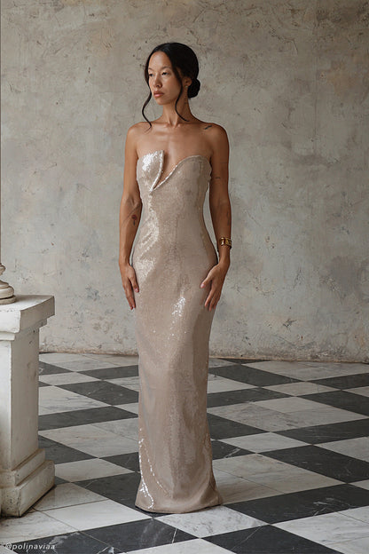Robe Maxi sans Bretelles à Paillettes Winston - Taupe