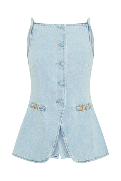Haut en jean sans manches à boutons Ashton - Bleu clair