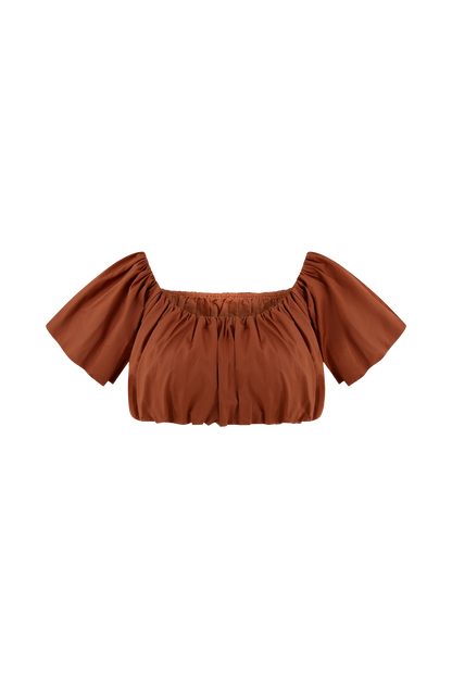 Top automnal à épaules dénudées et manches bouffantes - Orange brûlé