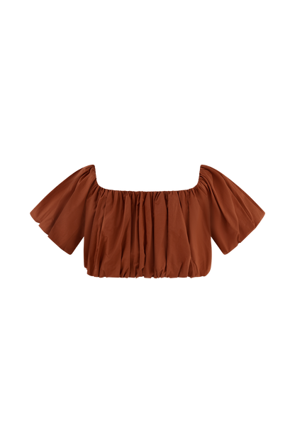 Top automnal à épaules dénudées et manches bouffantes - Orange brûlé