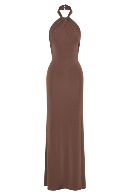 Robe Maxi Halter Élyna à Volants - Chocolat