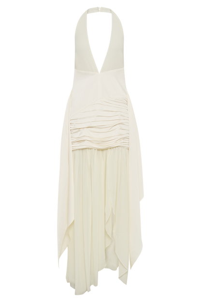 Robe Maxi en Satin et Chiffon à Décolleté Plongeant - Ivoire