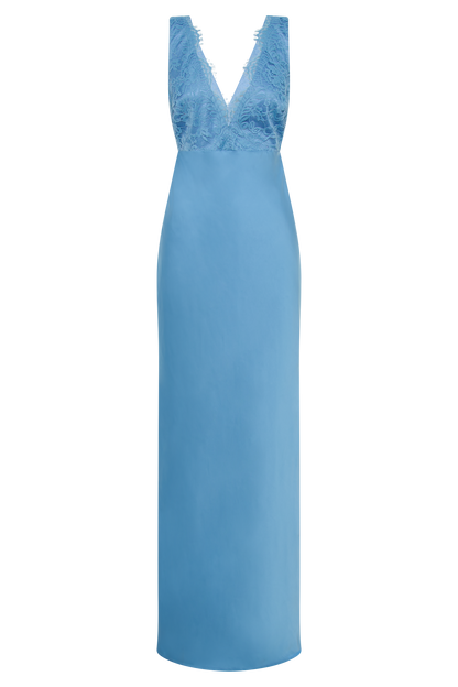 Robe Maxi en Satin et Dentelle Ricci - Bleu Iris