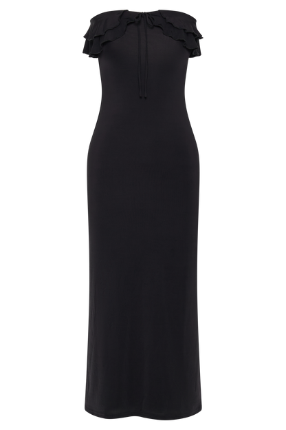Robe midi en mousseline de soie à volants, sans bretelles, Bea - Noir