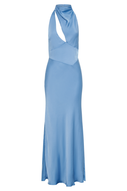 Robe Maxi Halter en Satin Belladonna - Bleu Iris