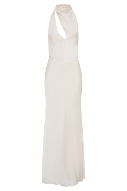 Robe Maxi Belladonna en Satin avec Décolleté Croisé - Ivoire