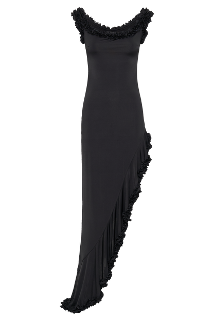Robe midi à volants et épaules dénudées Arielle - Noir
