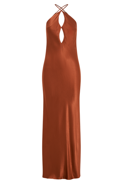 Robe longue en satin Lucia avec découpes - Orange brûlé