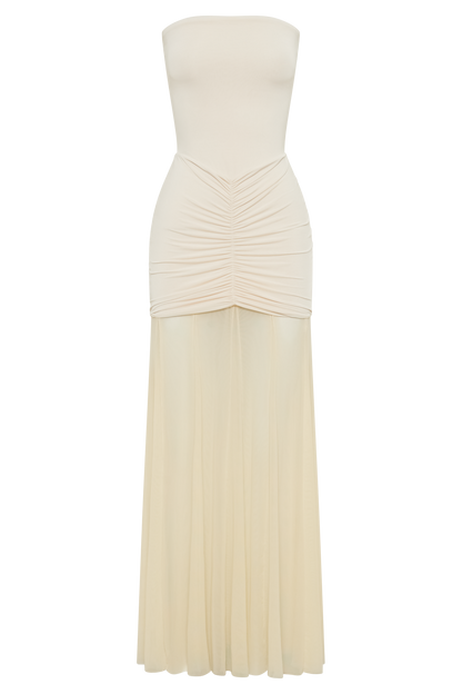 Robe Maxi Caspienne en Mousseline et Maille, Décolletée - Ivoire