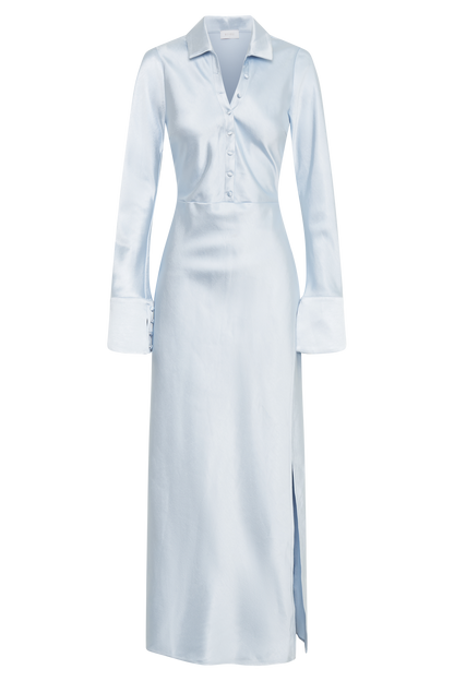 Robe Maxi en Satin avec Col - Bleu Glacé