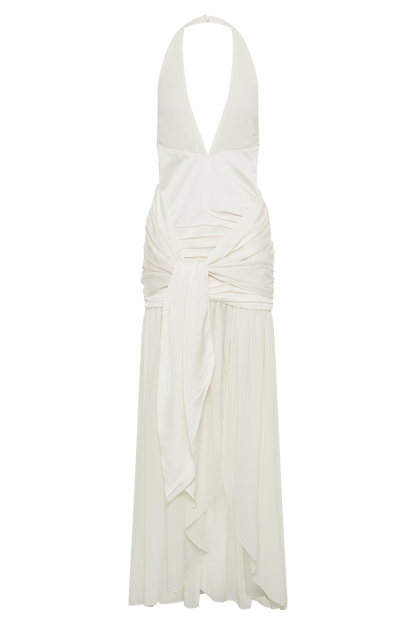 Robe Maxi en Satin et Chiffon à Décolleté Plongeant - Ivoire