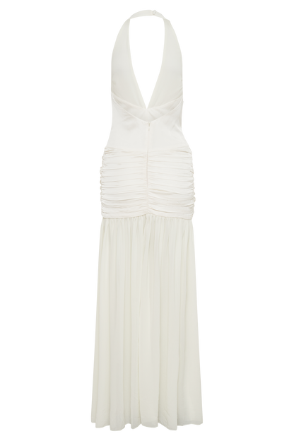 Robe Maxi en Satin et Chiffon à Décolleté Plongeant - Ivoire