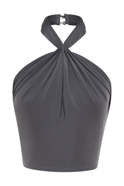 Bronwyn, crop top halter à col montant - anthracite