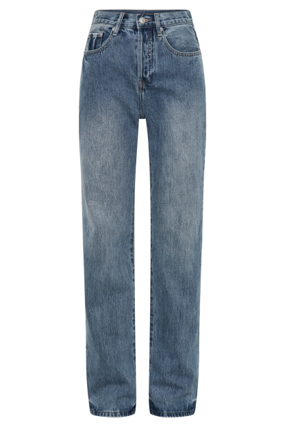 Jean Janine taille haute, jambes droites - Bleu moyen délavé