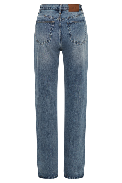 Jean Janine taille haute, jambes droites - Bleu moyen délavé