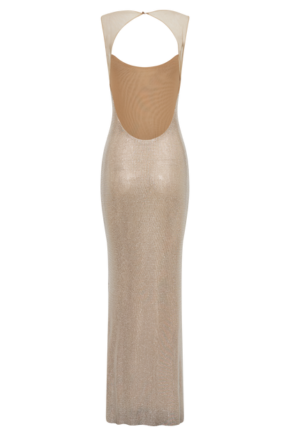 Jasmyn Robe Maxi avec Strass et Dos en Maille - Nude
