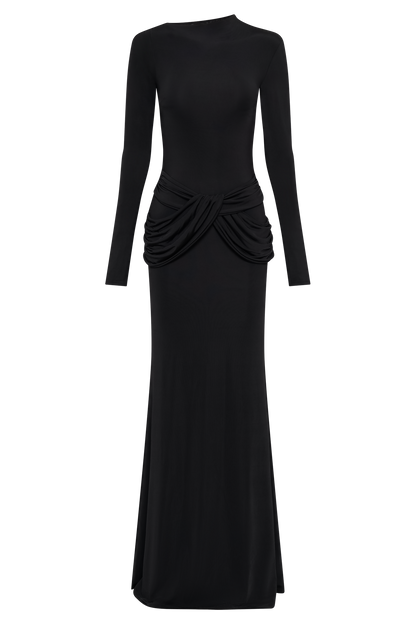 Robe Maxi Halcyon à Manches Longues et Tissu Élastique - Noir