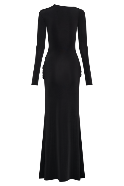 Robe Maxi Halcyon à Manches Longues et Tissu Élastique - Noir