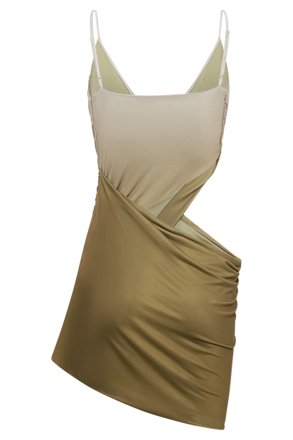 Mini-robe moulante à col montant et drapée Nellie - Olive vintage dégradé