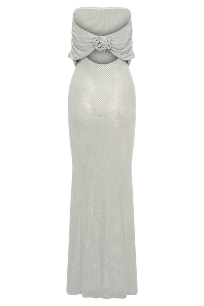 Robe Maxi Diamantée Arna à Manches Décolletées - Argent
