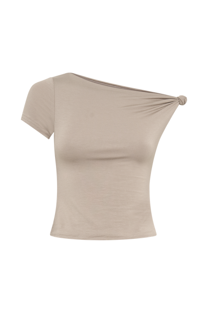 Top Betty à manches courtes en modal avec nœud sur l'épaule - Gris taupe