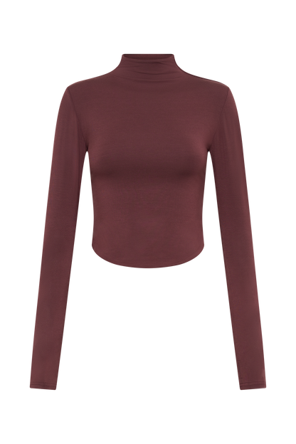 Top à manches longues en modal à col montant Ember - Brun-rouge