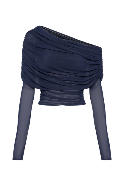 Top en maille transparente à épaules dénudées Everly - Bleu marine foncé