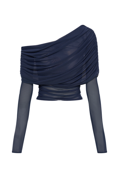 Top en maille transparente à épaules dénudées Everly - Bleu marine foncé