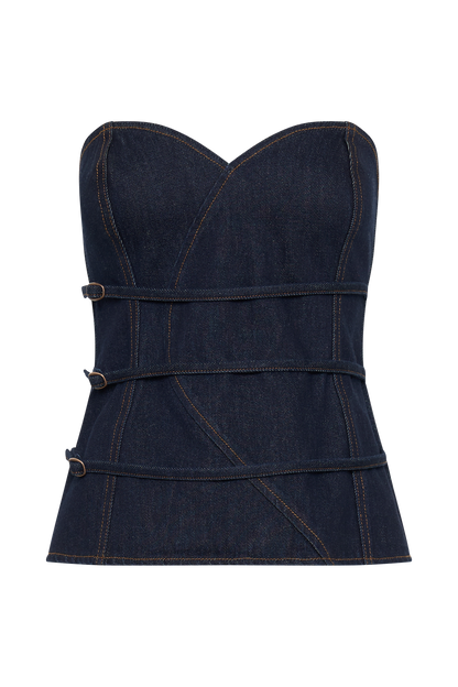 Top en jean à bretelles amovibles et boucle Sylas - Bleu indigo