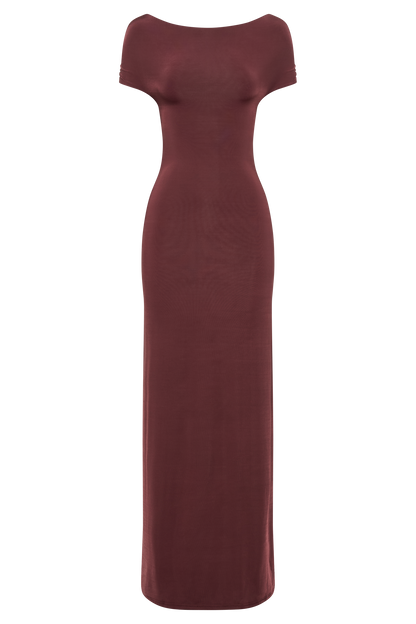 Imogen Robe Maxi Épaules Découvertes et Défluente - Brun-Rouge