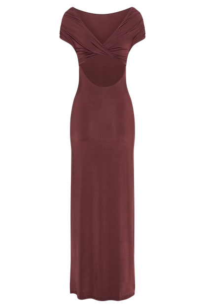 Imogen Robe Maxi Épaules Découvertes et Défluente - Brun-Rouge