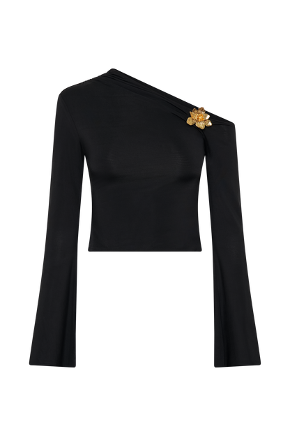 Top asymétrique à manches longues Ainsley avec ornements floraux - Noir