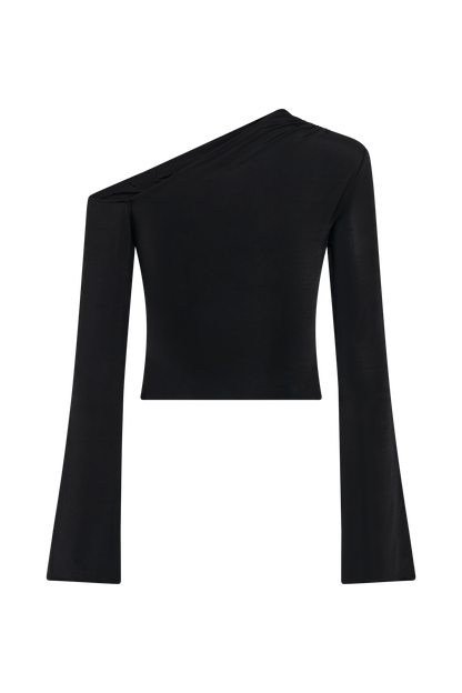 Top asymétrique à manches longues Ainsley avec ornements floraux - Noir