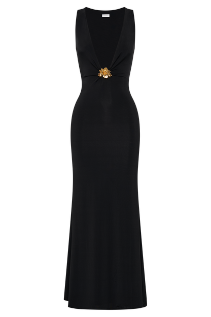 Robe Maxi Beck à Décolleté Plongeant avec Frotterie Florale - Noir