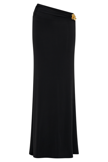 Jupe Maxi Asymétrique Ainsley avec Frotterie Fleurie - Noir