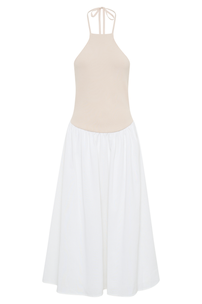 Robe midi en jersey et lin Katie - Naturel/Blanc