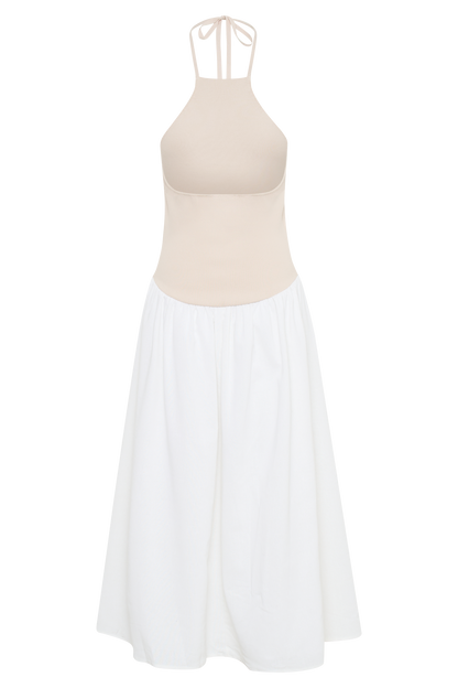 Robe midi en jersey et lin Katie - Naturel/Blanc