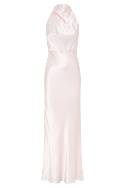 Robe longue satinée irisée à col montant Esther - Rose pâle