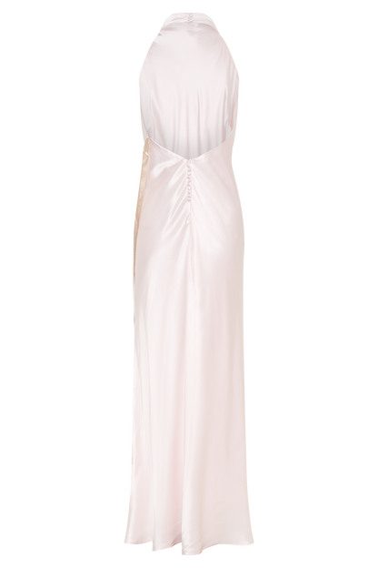 Robe longue satinée irisée à col montant Esther - Rose pâle