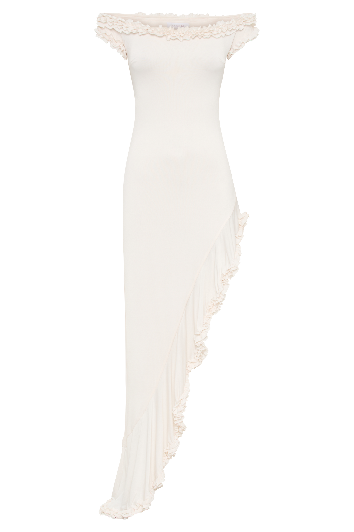 Robe midi à volants et épaules dénudées Arielle - Ivoire