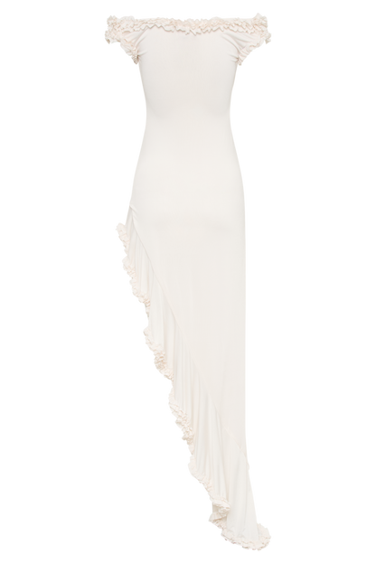 Robe midi à volants et épaules dénudées Arielle - Ivoire
