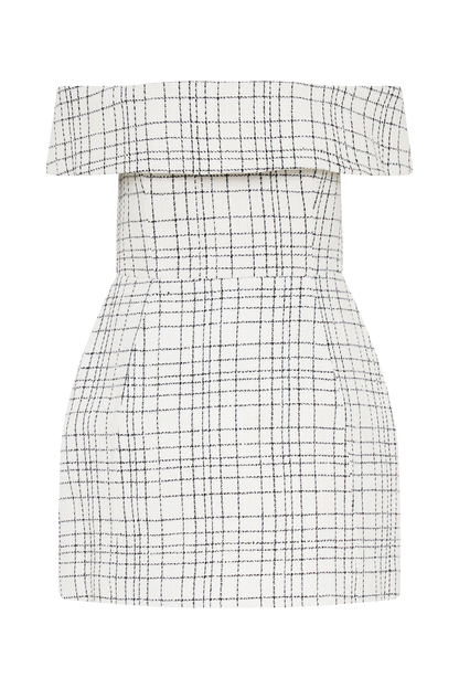 Mini-robe en tweed Helena, épaules dénudées - carreaux blancs